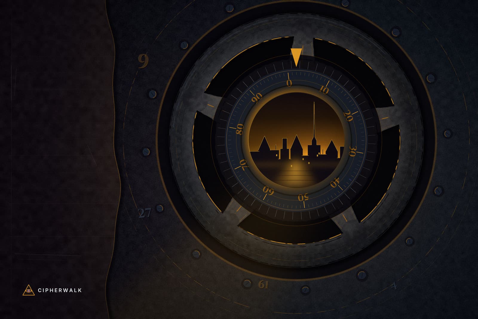 Illustrated key art for The Locksmith's Vault: a heavy spoked vault wheel with a graduated combination dial at its hub, bored through to show the lit roofs and spire of Zürich's old town inside.